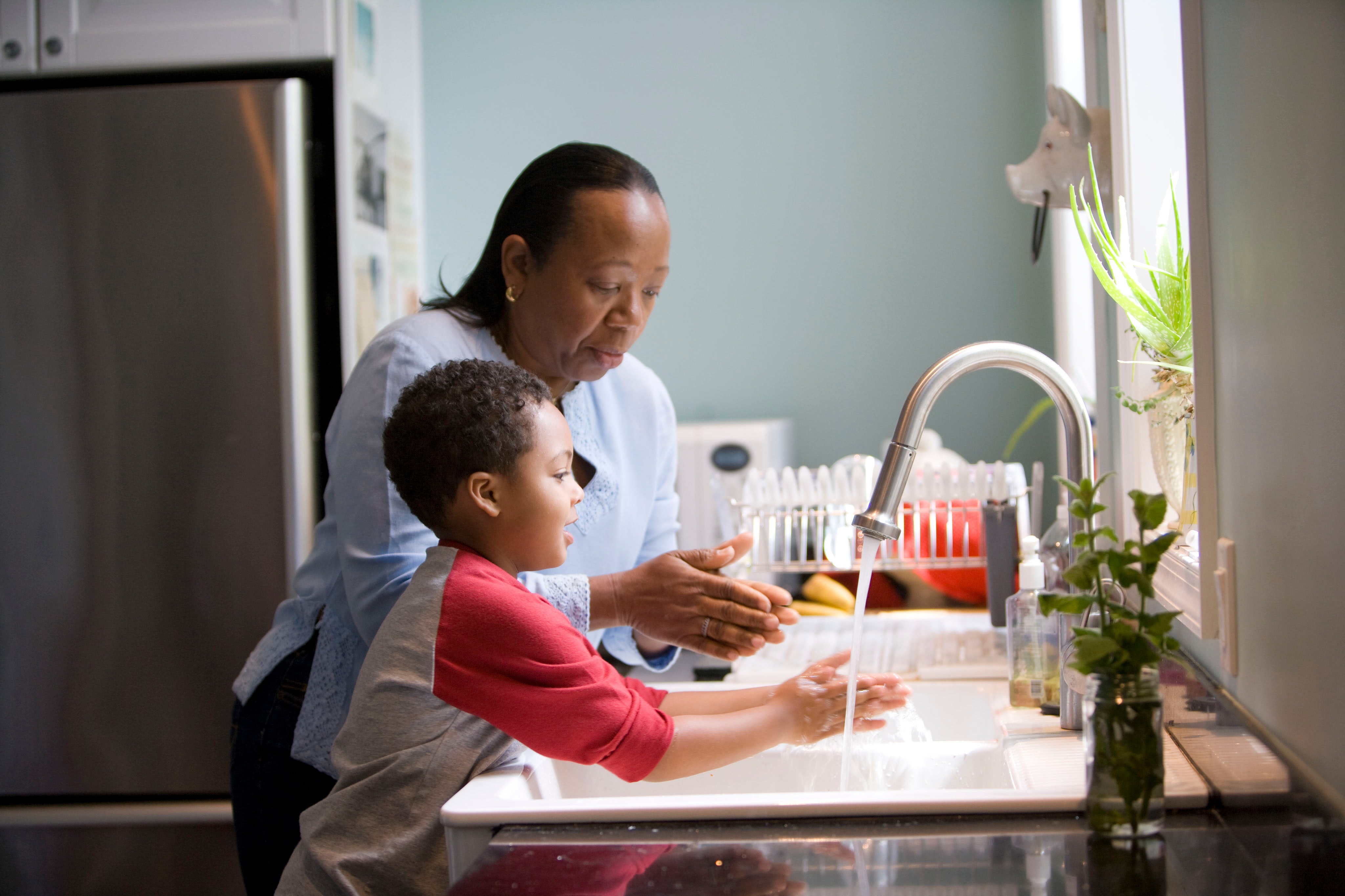 This African-American mother was shown in the process of teaching her young son how to properly wash his hands at their kitchen sink, briskly rubbing his soapy hands together under fresh running tap water, in order to remove germs, and contaminants, thereby, reducing the spread of pathogens, and the ingestion of environmental chemicals or toxins.