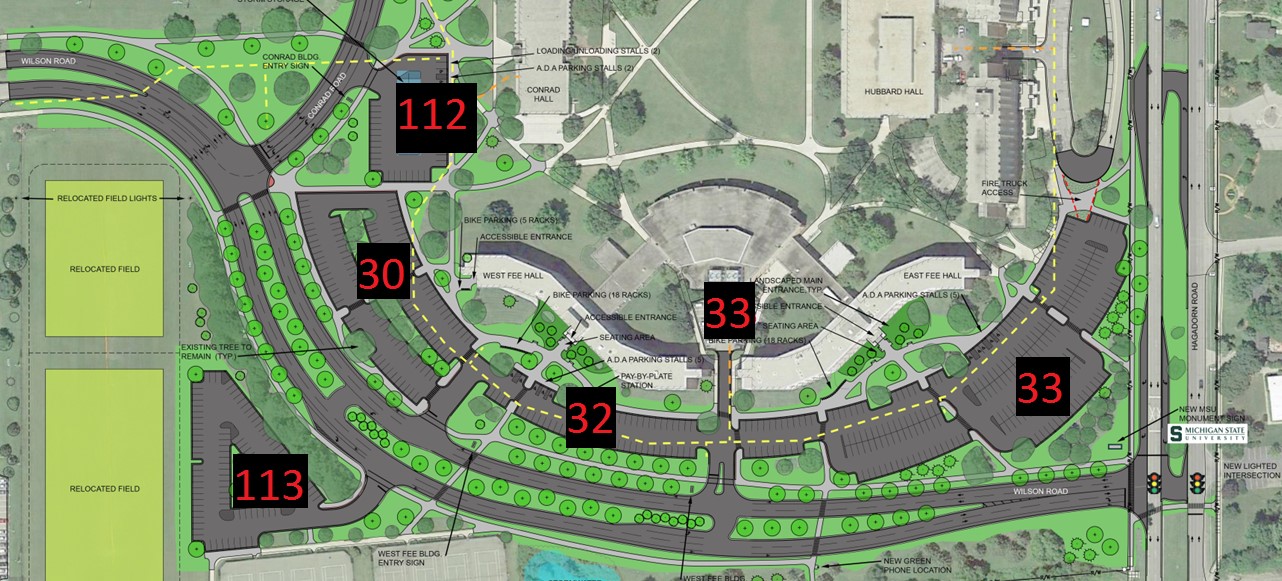 Labeled map of Fee Hall area parking lots